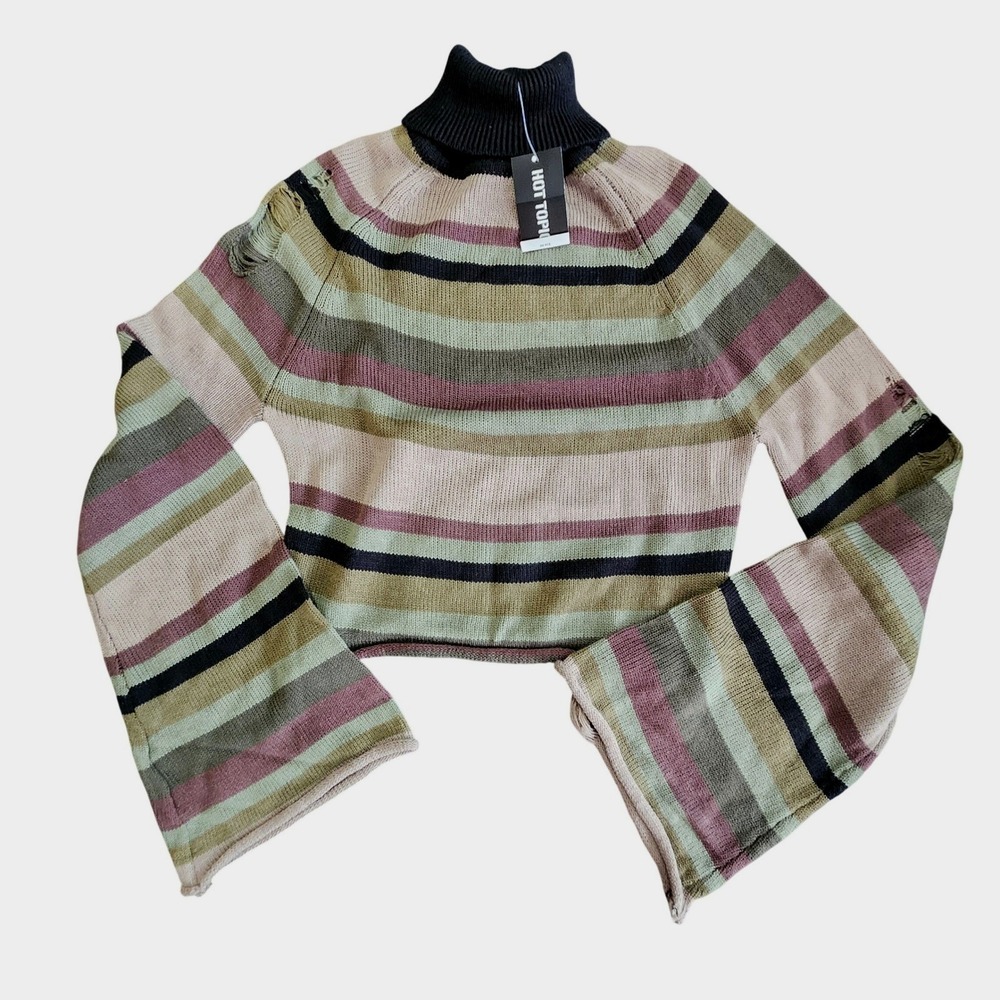 Social Collision Distressed Turtleneck Sweater Women S Olive Tan Striped  New